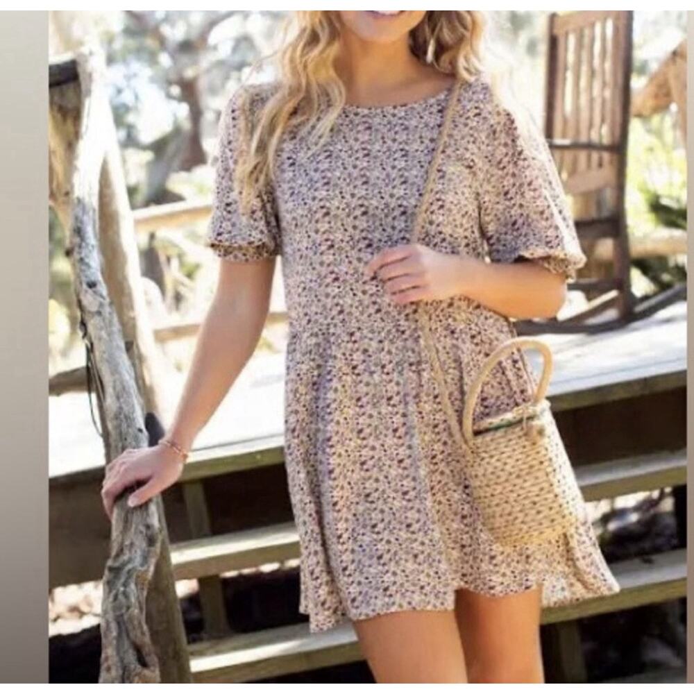 Natural Life Blaire M Boho Puff Sleeve Cottagecore Dress Cream Ditsy Floral